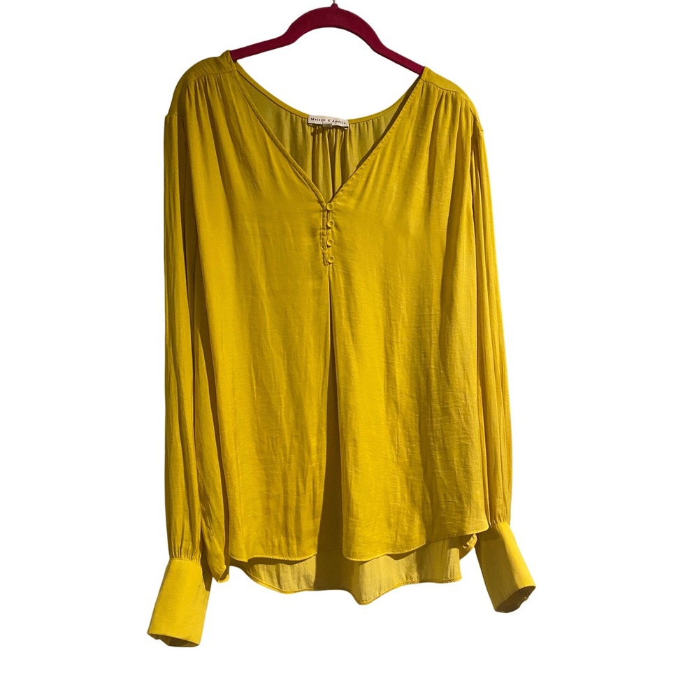 Maison dAmélie Paris Yellow V Neck Button Front Long Sleeve Blouse Top XL